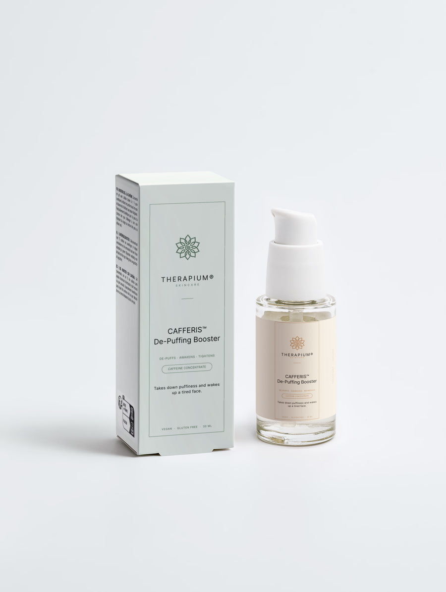 Therapium CAFFERIS™ De-Puffing Booster with 1% Pure Caffeine Concentrate, 30 ml dropper bottle in cream and copper packaging