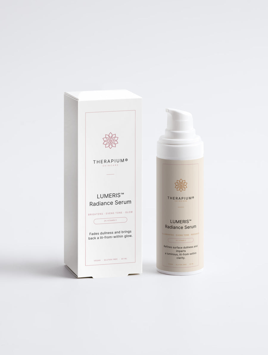 Therapium LUMERIS™ Radiance Serum luxury studio packshot in cream and copper