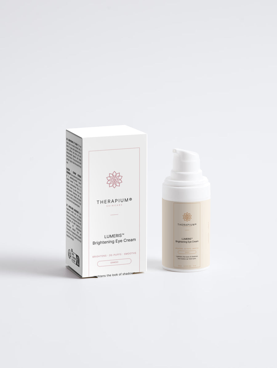 Therapium LUMERIS™ Brightening Eye Cream, 15 ml airless pump bottle next to its carton, front view on a plain studio background