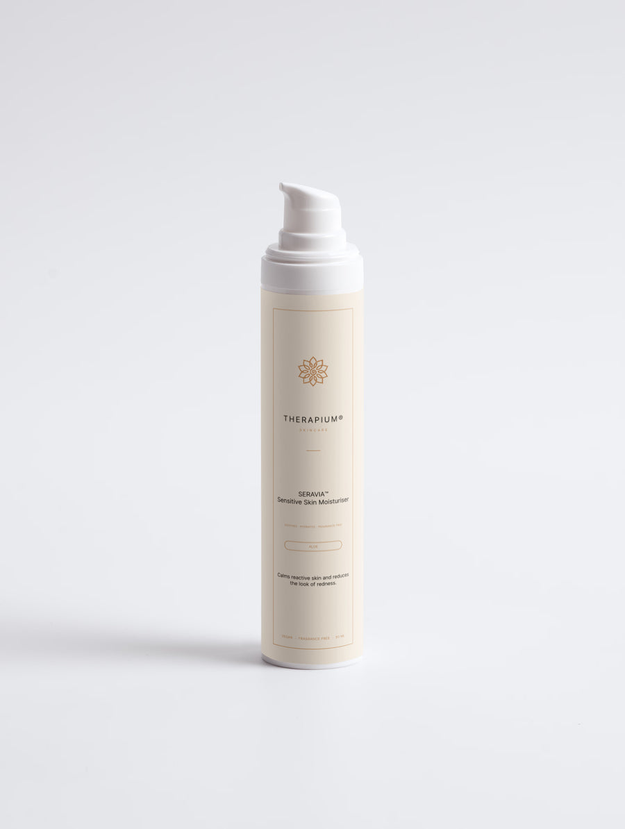 Therapium SERAVIA Sensitive Skin Moisturiser, fragrance free, 50 ml white airless pump bottle with cream label, front view on a plain studio background