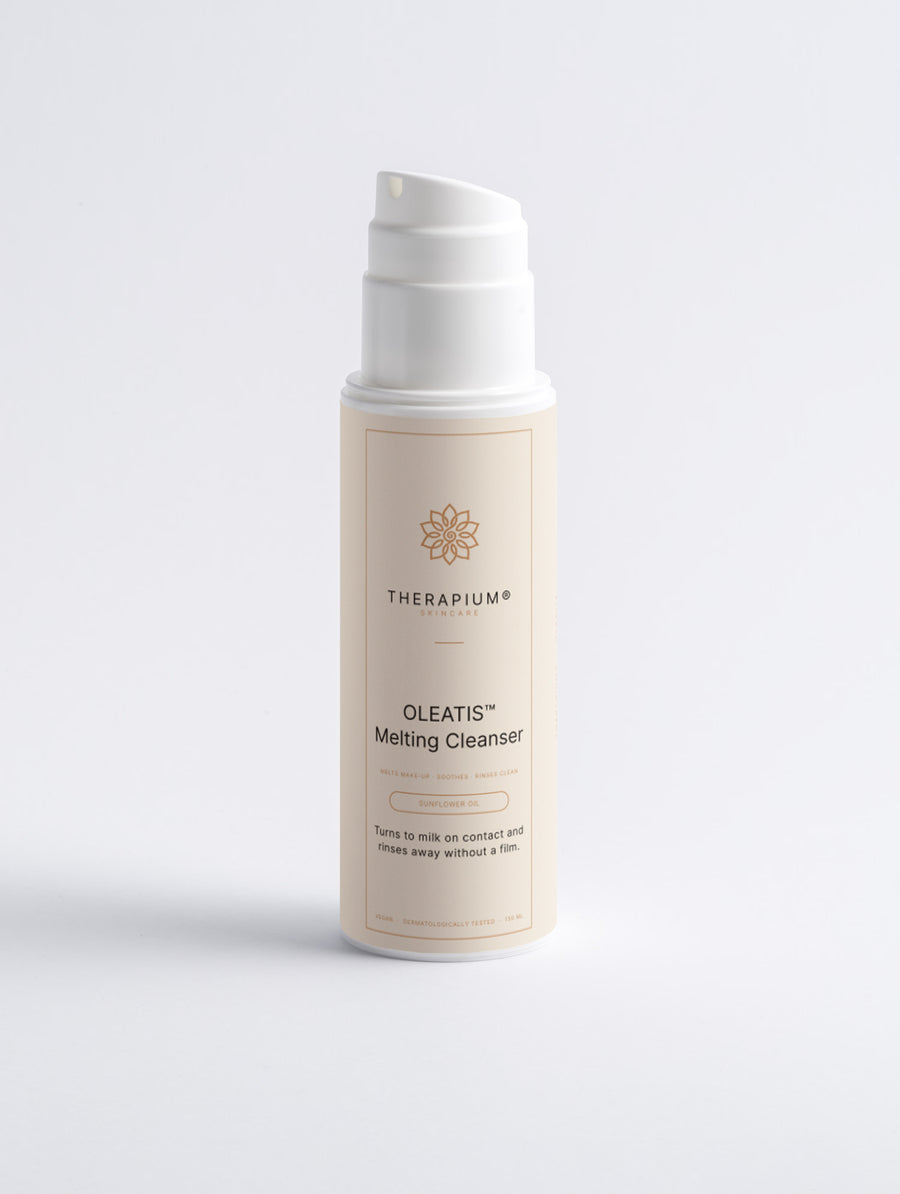 Therapium OLEATIS™ Melting Cleanser, 150 ml cream pump bottle, front view on a plain studio background