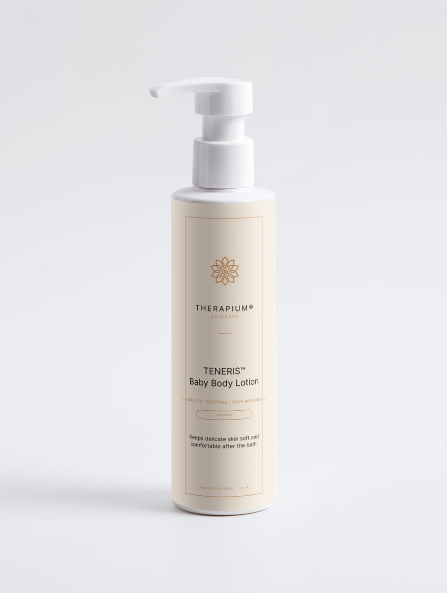 Therapium TENERIS Baby Body Lotion, organic certified, 190 ml white pump bottle with cream label, front view on a plain studio background