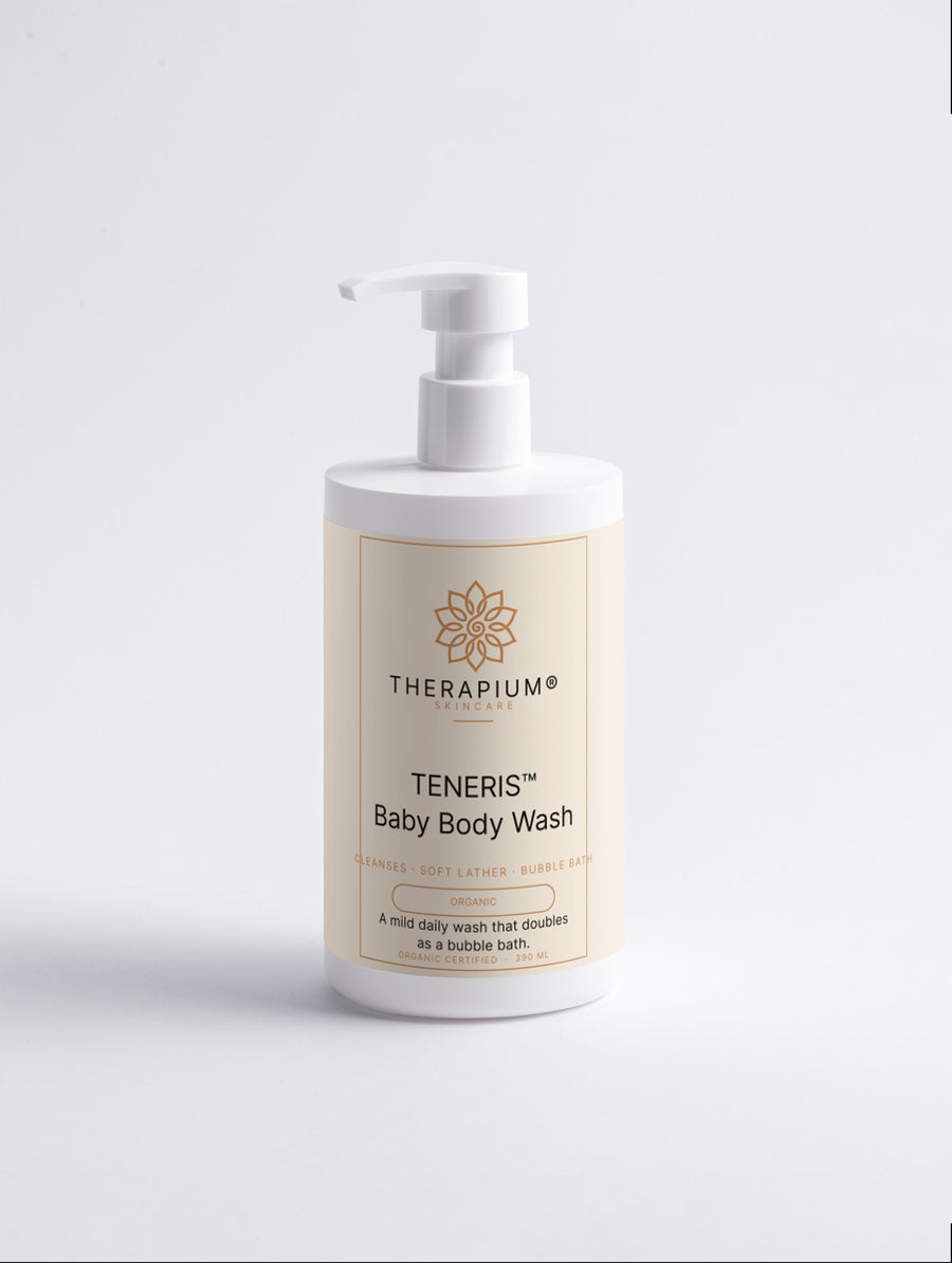 Therapium TENERIS Baby Body Wash, organic certified, 390 ml white pump bottle with cream label, front view on a plain studio background