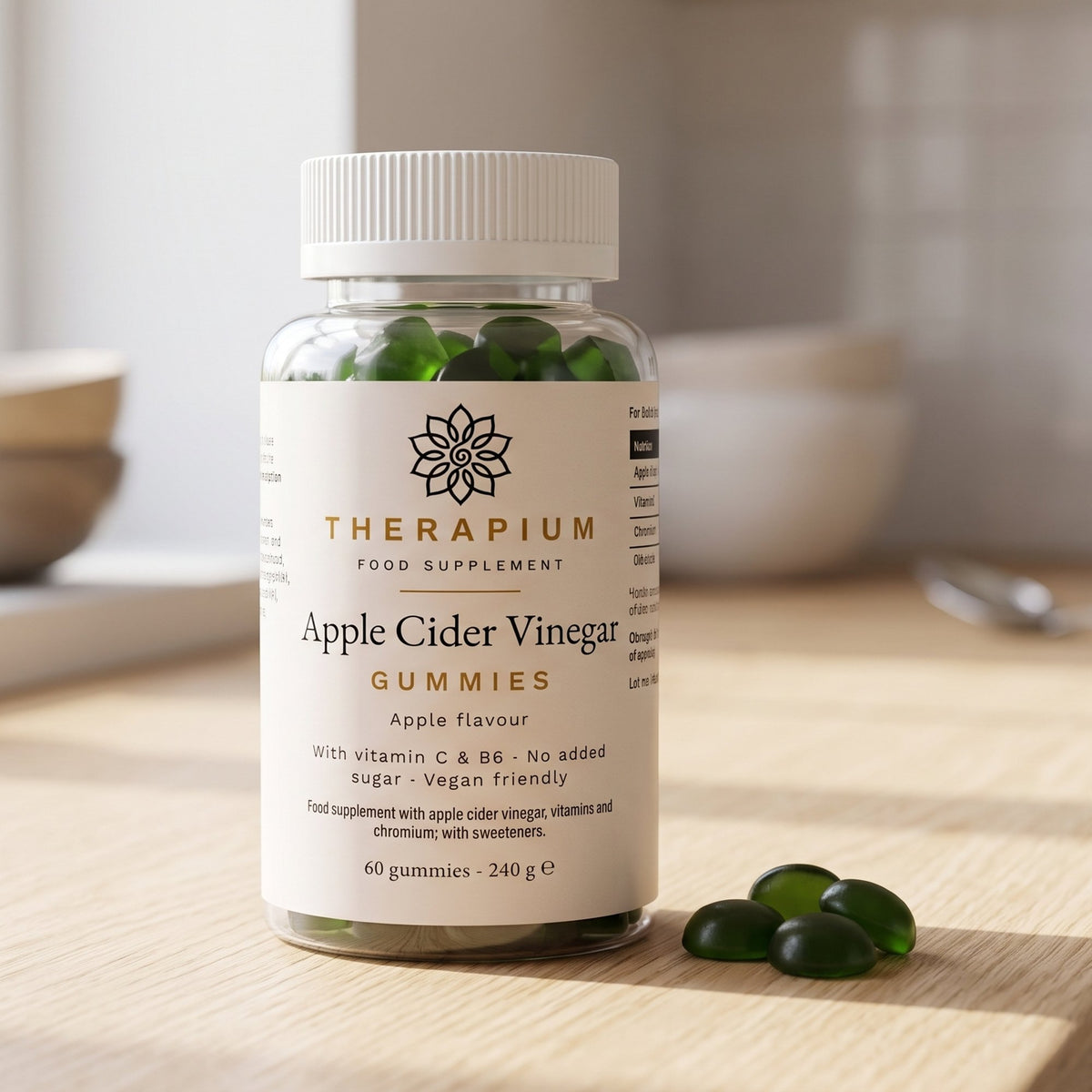Therapium Apple Cider Vinegar Gummies jar on a kitchen counter beside loose green gummies