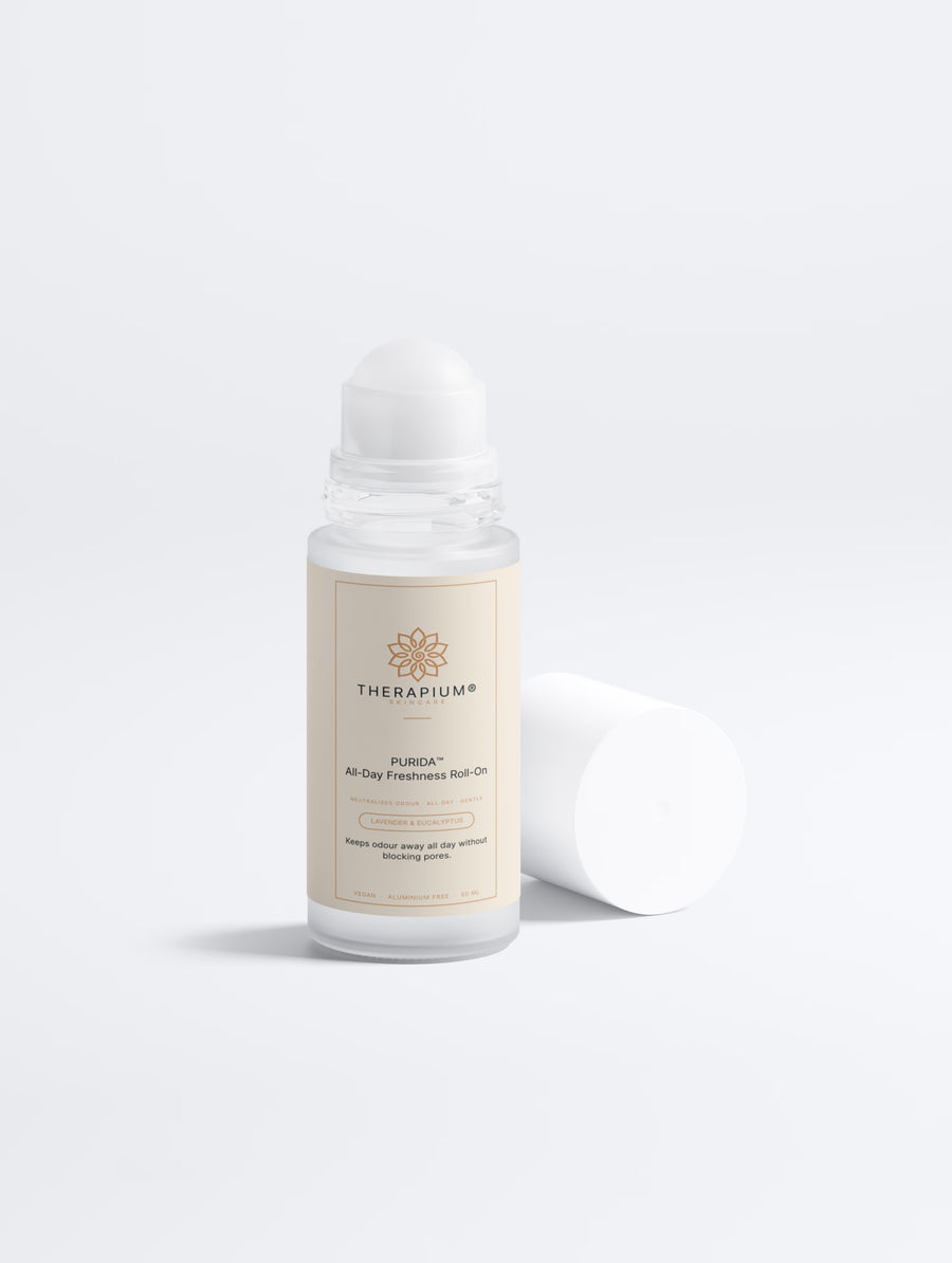 Therapium PURIDA Aluminium-Free Roll-On Deodorant, Lavender & Eucalyptus, 50 ml white roll-on with cream label, front view on a plain studio background