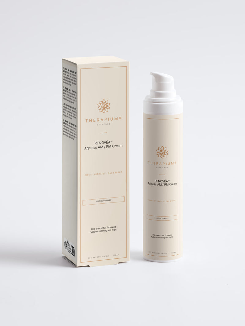 Therapium RENOVÉA™ Ageless AM/PM Cream in an airless pump bottle next to its carton, front view on a plain studio background