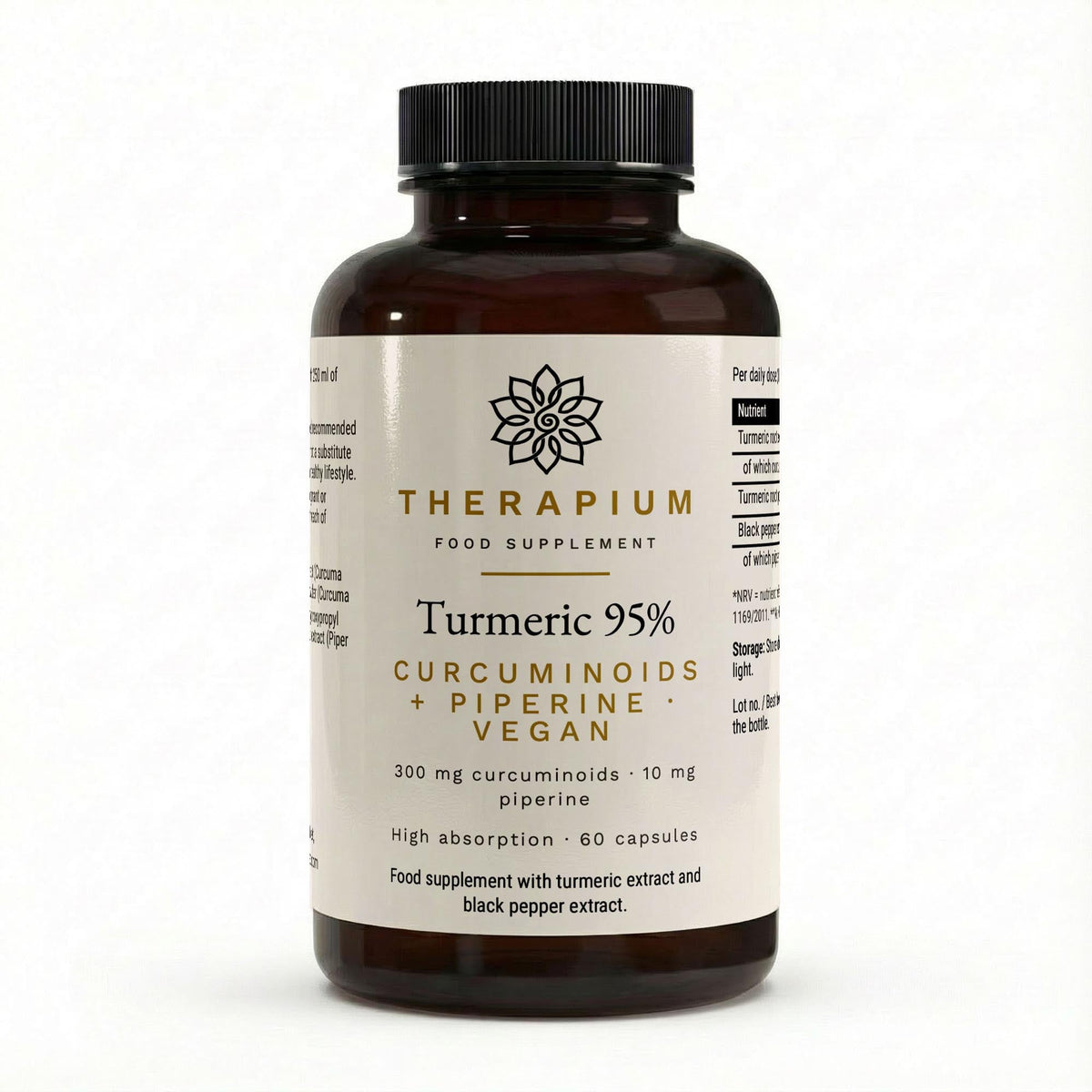 Therapium Turmeric 95% Curcuminoids + Piperine bottle, front label, studio render on white