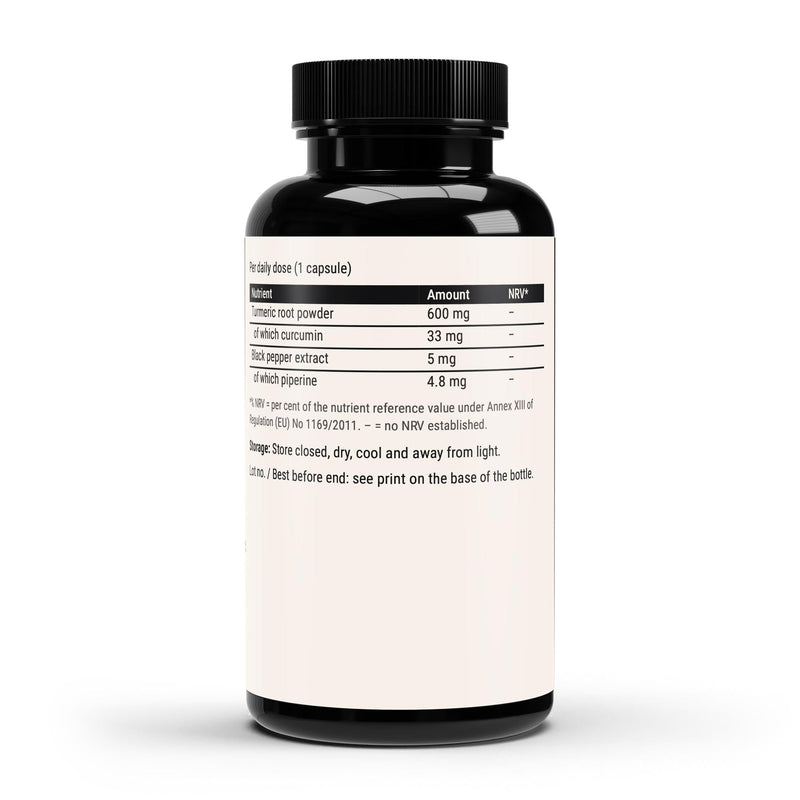 The label with the turmeric and black pepper amounts and the ingredient list