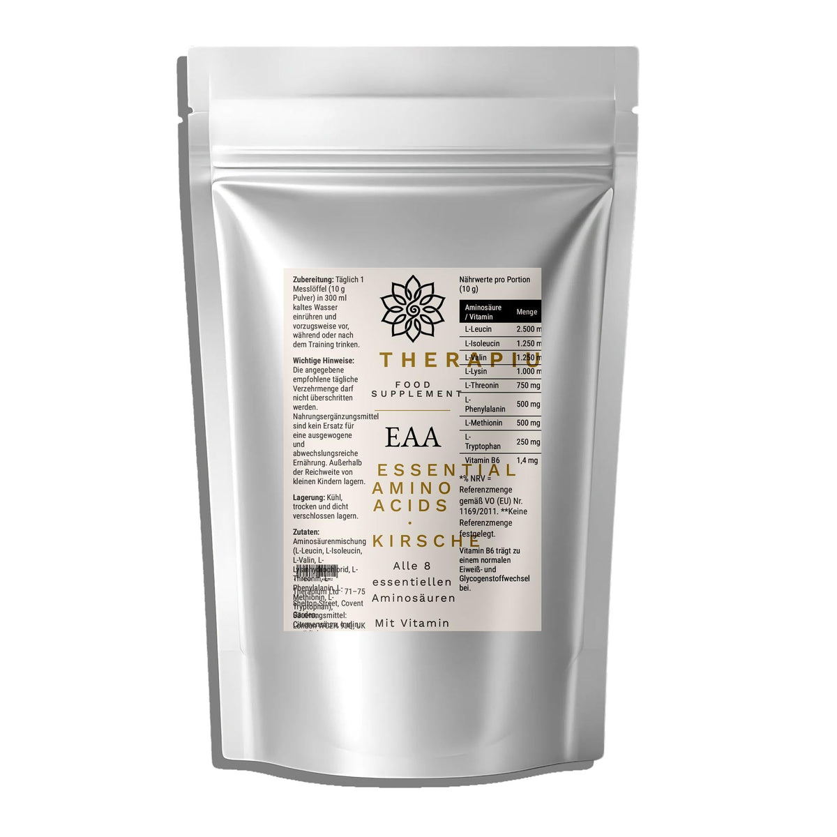 Therapium VIGORIS EAA Essential Amino Acids Cherry, 500 g pouch, studio front render