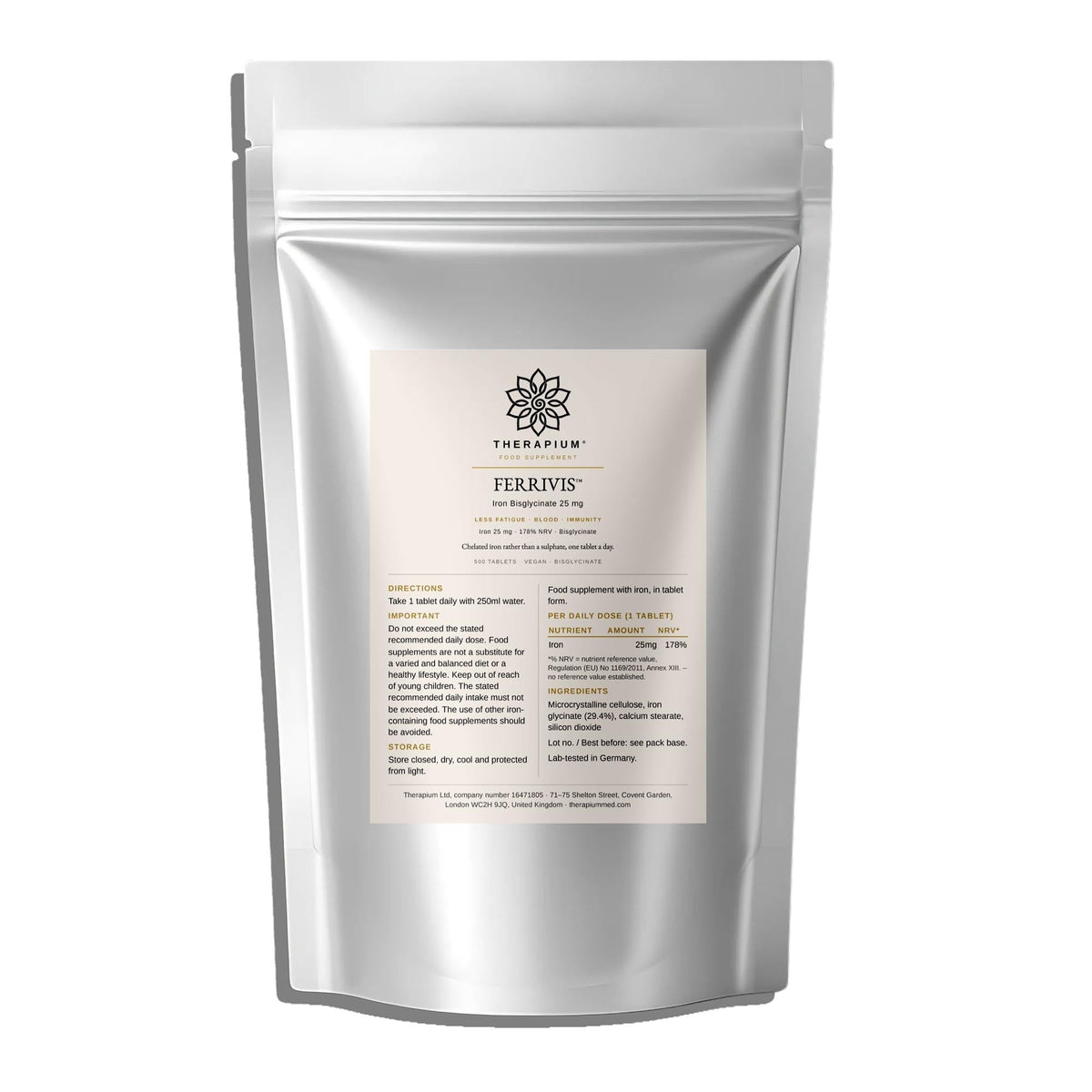 Therapium FERRIVIS Iron Bisglycinate 25 mg, only Shopify render on file — reused pending a real dose/lifestyle scene