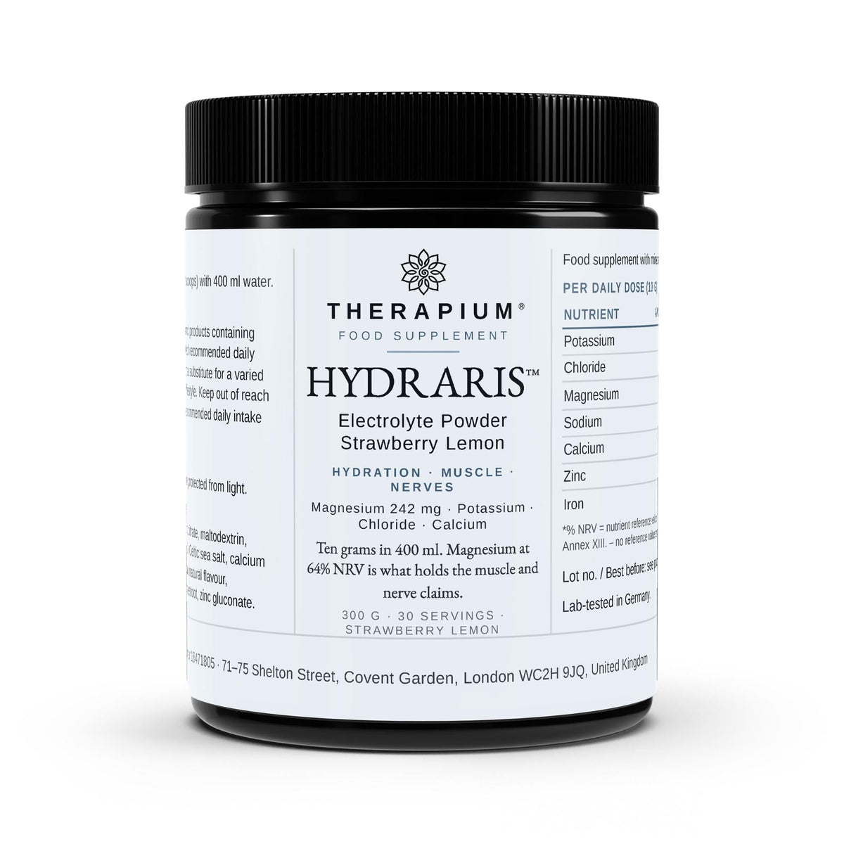 Therapium HYDRARIS Electrolyte Powder Strawberry Lemon tin, studio shot