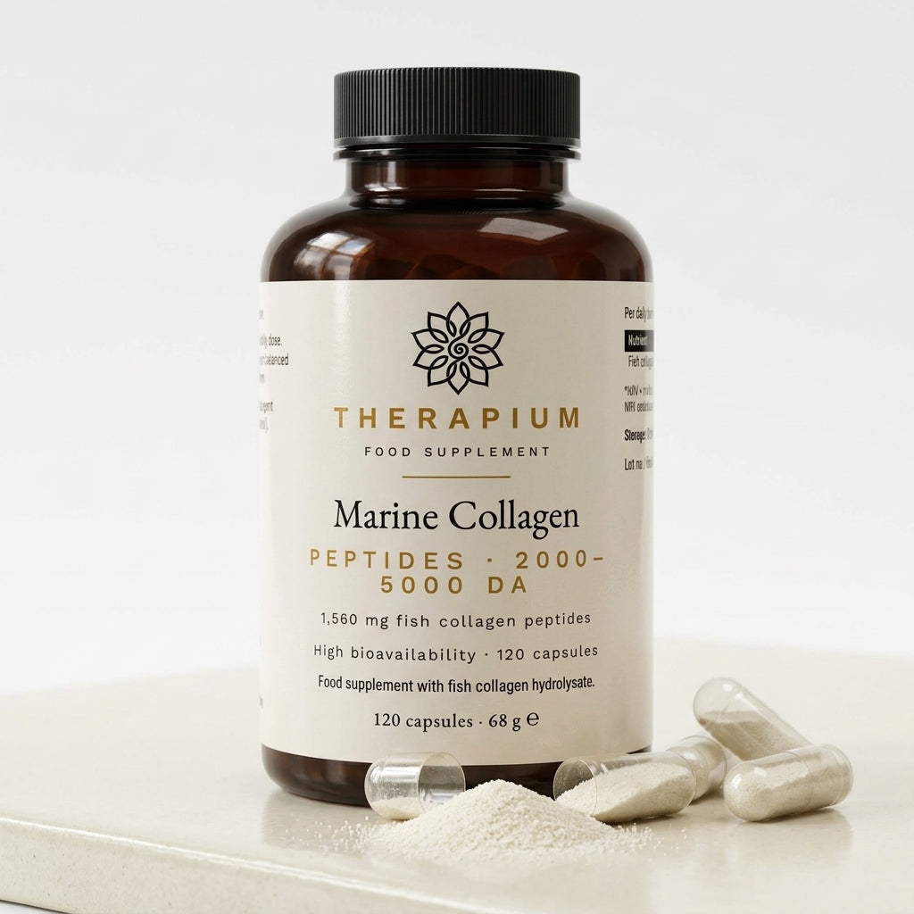 Two capsules beside the bottle, one split open with the pale hydrolysed collagen powder spilling out