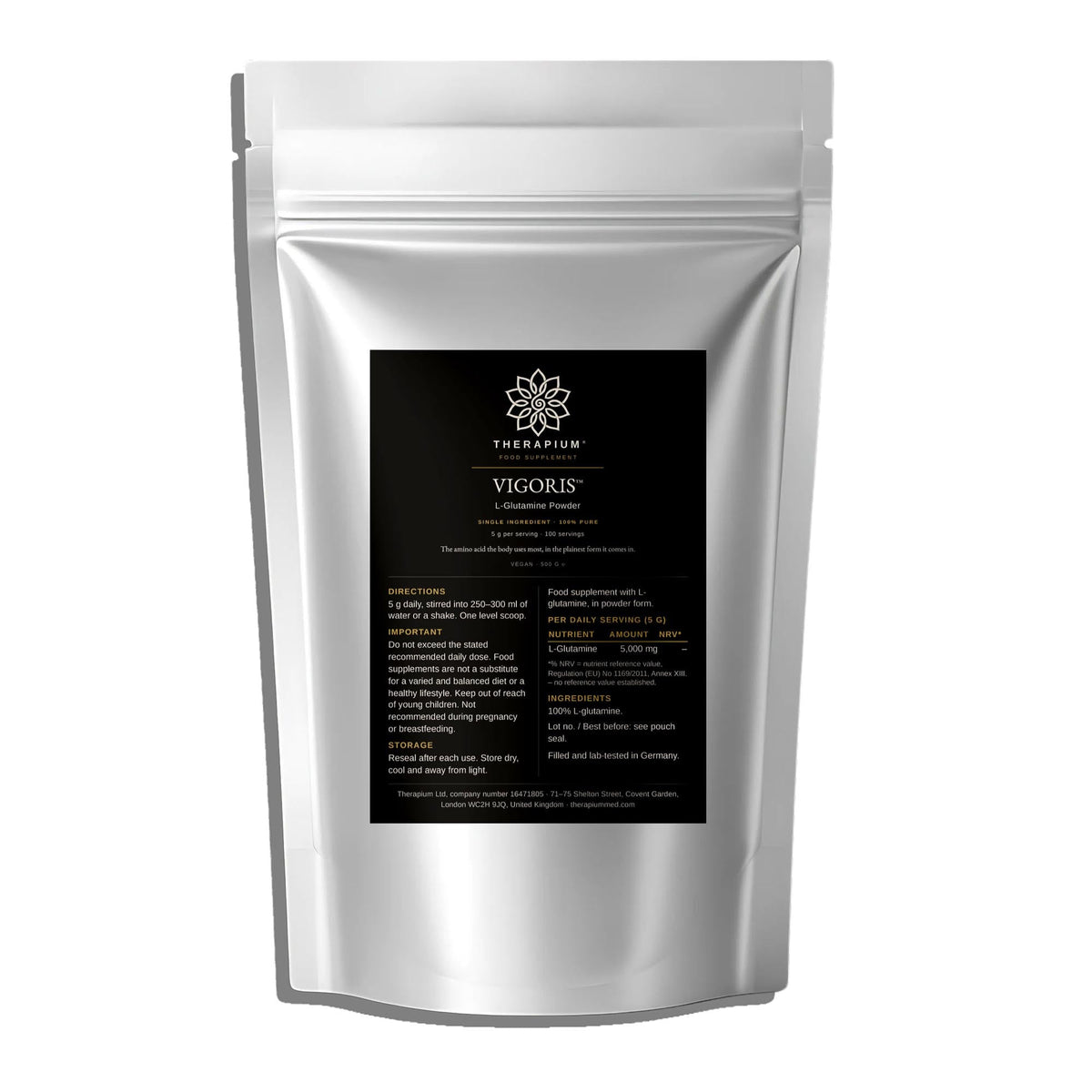 Therapium VIGORIS L-Glutamine Powder pouch, printed panel with the L-glutamine amount and ingredient line