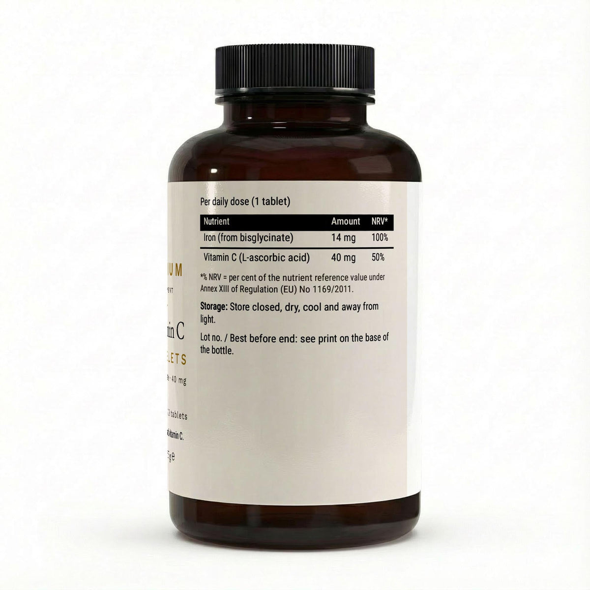 The nutrition panel showing iron bisglycinate 14 mg and vitamin C 40 mg per tablet