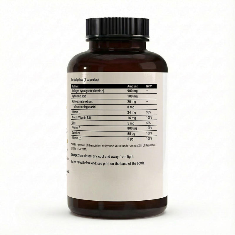 The label with the collagen, hyaluronic acid and vitamin table