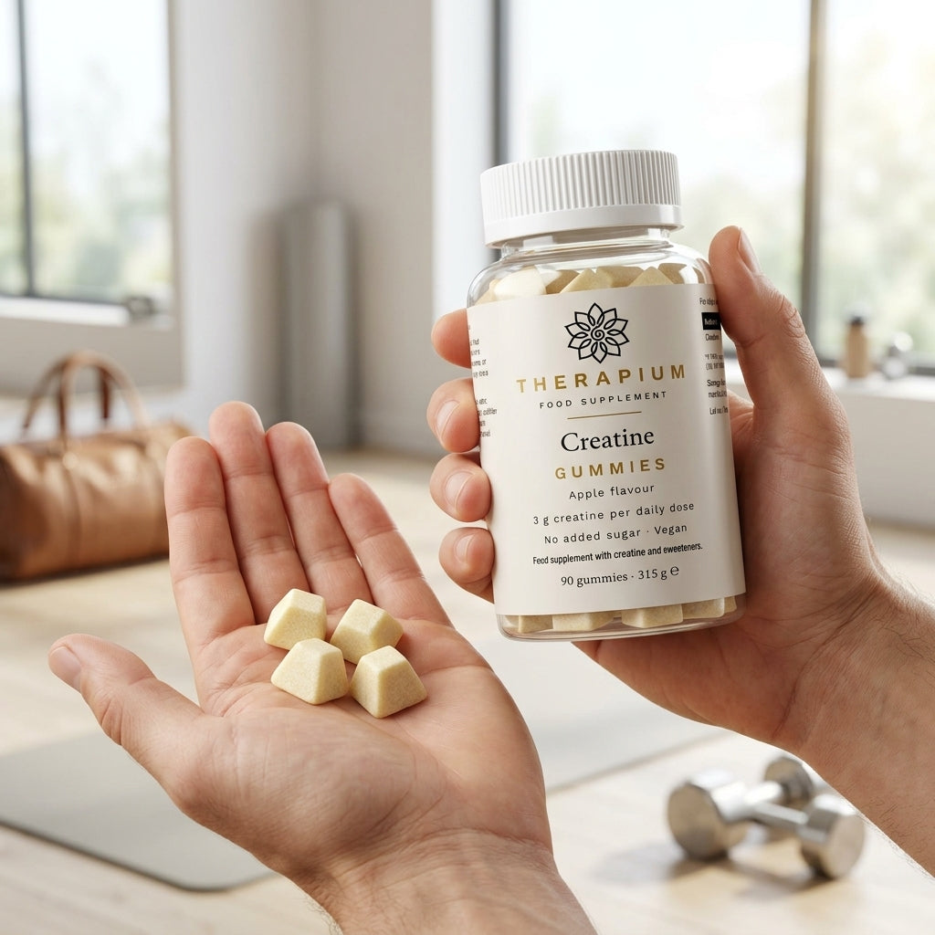 Therapium Creatine Gummies Apple jar held in one hand, three gummies in the open palm, dumbbells on the bench behind