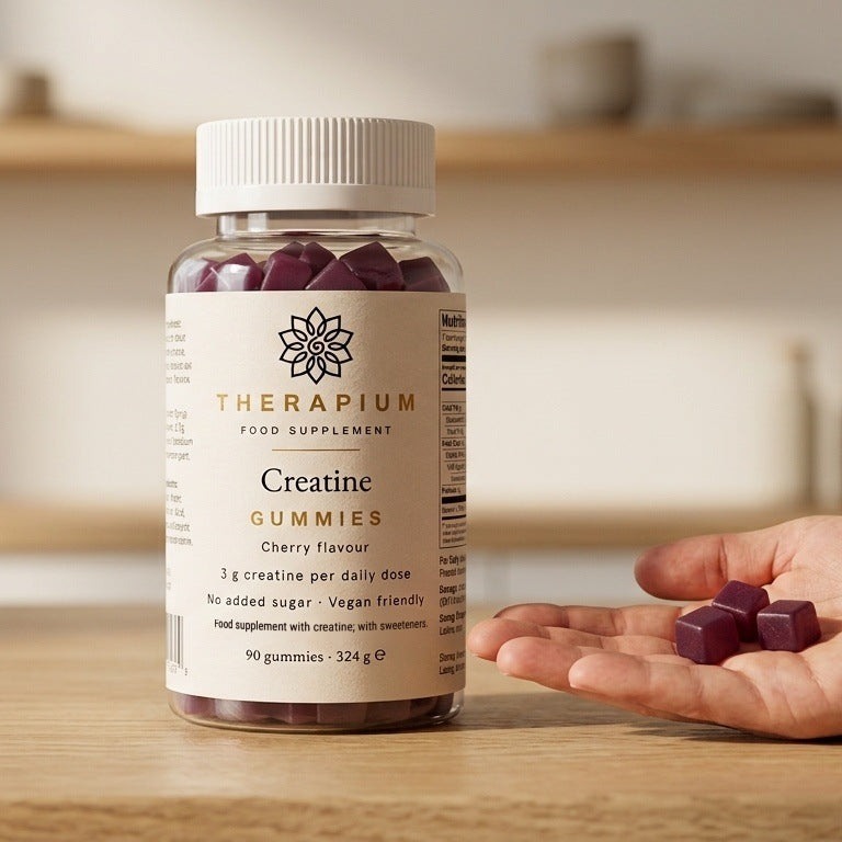 Therapium Creatine Gummies Cherry jar on a kitchen counter, three gummies in an open palm