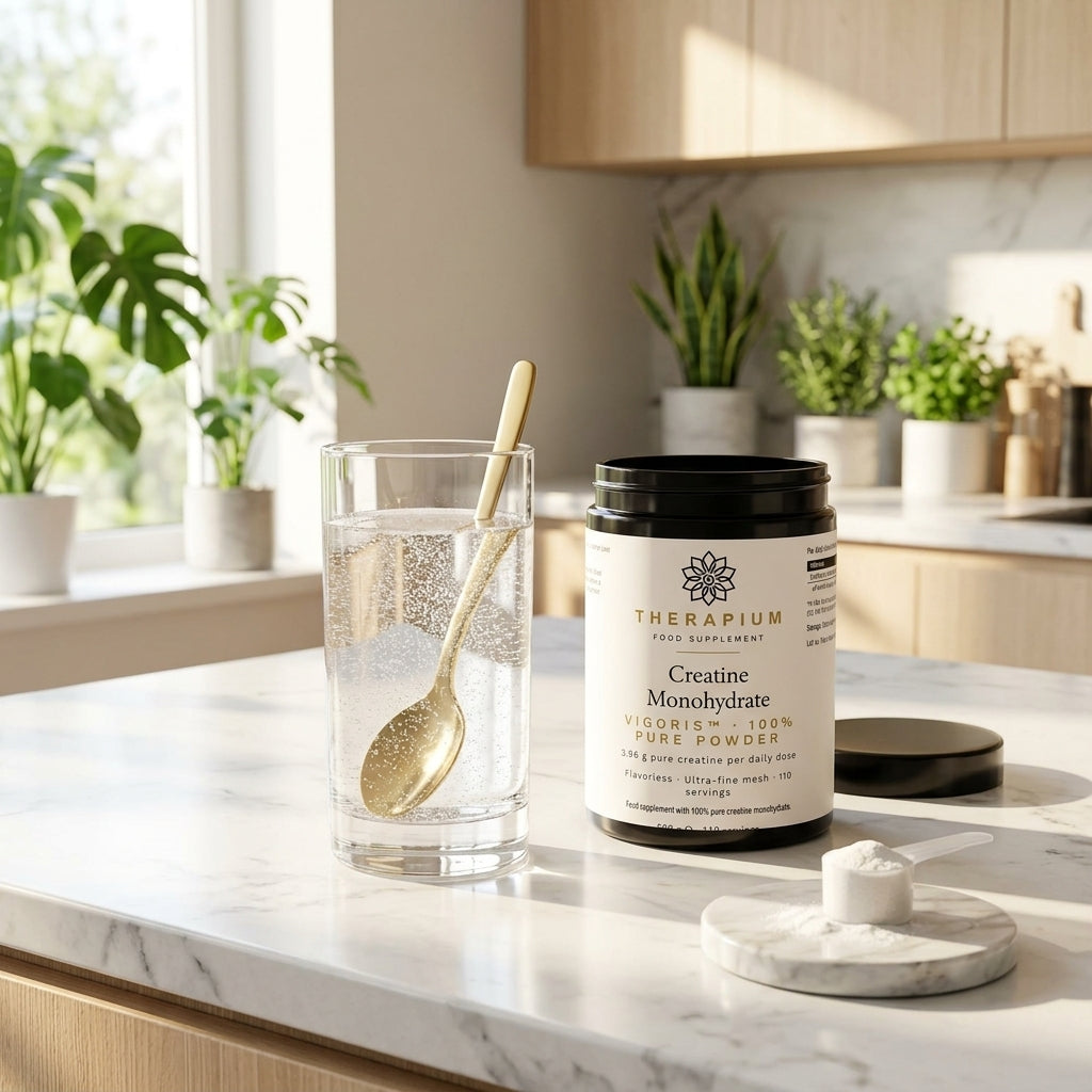 Therapium VIGORIS Creatine Monohydrate Powder tin on a kitchen counter beside a glass of water