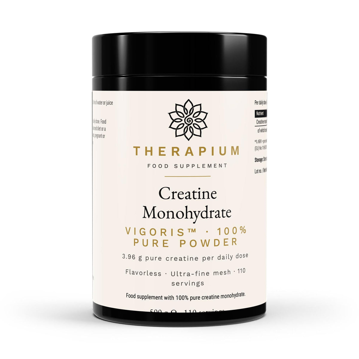 Therapium VIGORIS Creatine Monohydrate Powder tin, front studio render