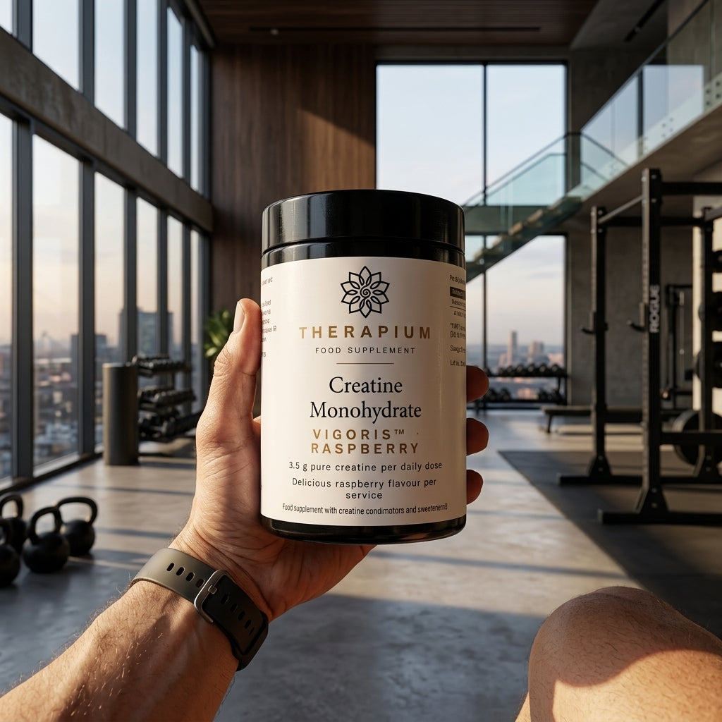 Therapium VIGORIS Creatine Monohydrate Raspberry — one level scoop in hand, real size