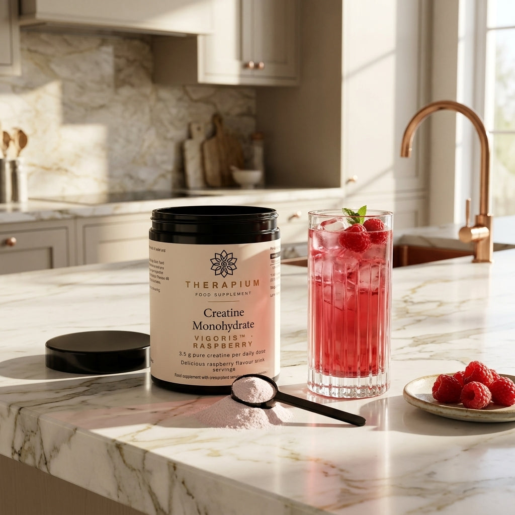 Therapium VIGORIS Creatine Monohydrate Raspberry tin on a kitchen counter beside a glass of water
