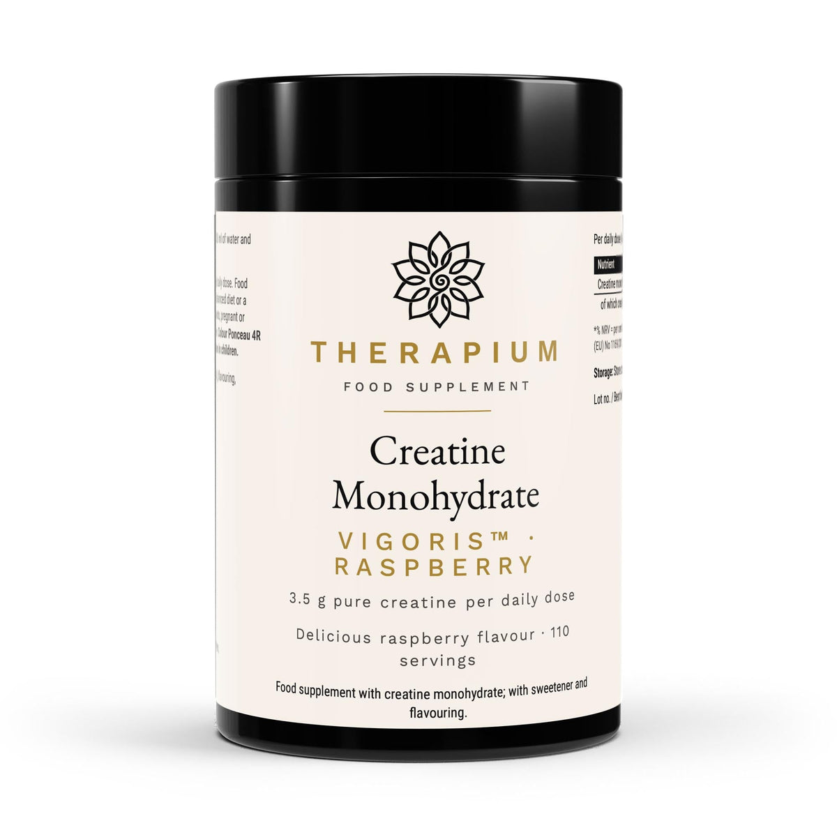 Therapium VIGORIS Creatine Monohydrate Raspberry tin, front studio render