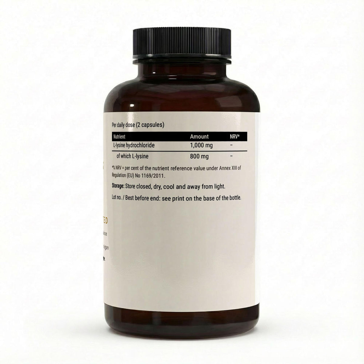 The nutrition panel showing L-lysine hydrochloride 1,000 mg, of which L-lysine 800 mg, per daily dose