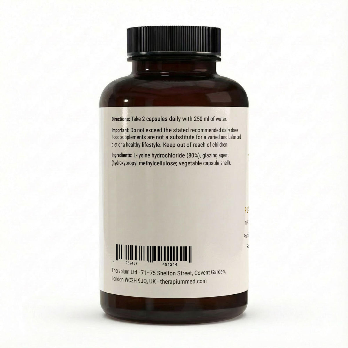 Therapium L-Lysine capsules — side of the bottle with directions and ingredients