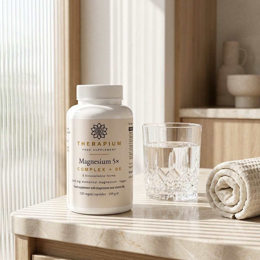 Therapium MAGNARIS Magnesium 5x Complex bottle on a bathroom vanity counter