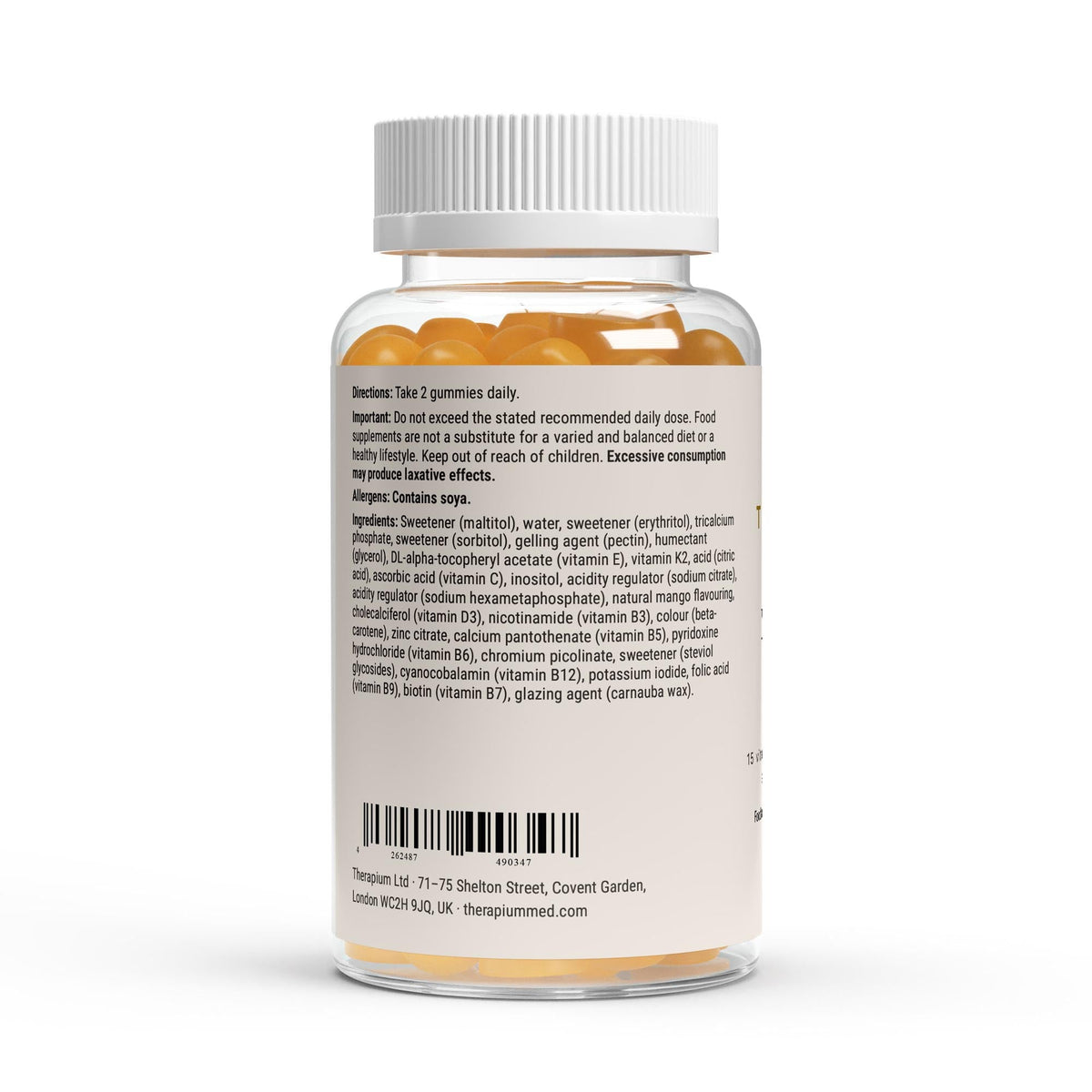 Therapium Multivitamin Gummies — side of the jar with directions and ingredients