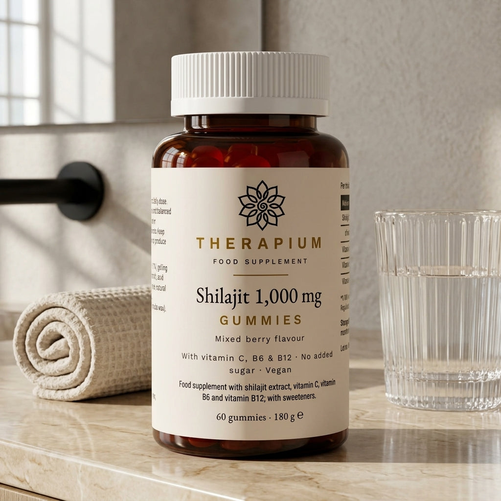 Therapium Shilajit 1,000 mg Gummies jar on a bathroom vanity shelf, with vitamin C, B6 and B12