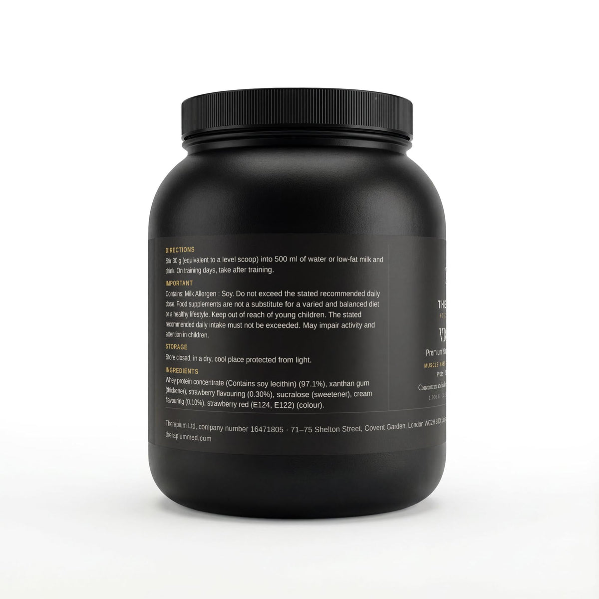 Therapium VIGORIS Premium Whey Protein Strawberry, back of tin with directions and ingredients