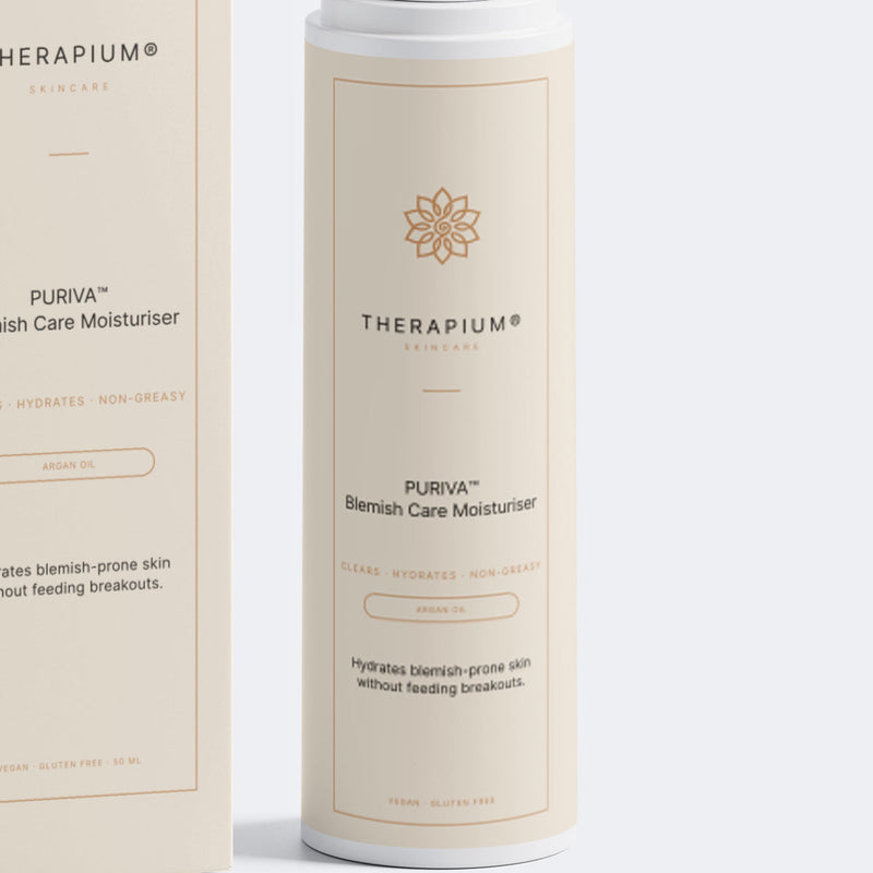 The front label of the PURIVA™ blemish care moisturiser bottle