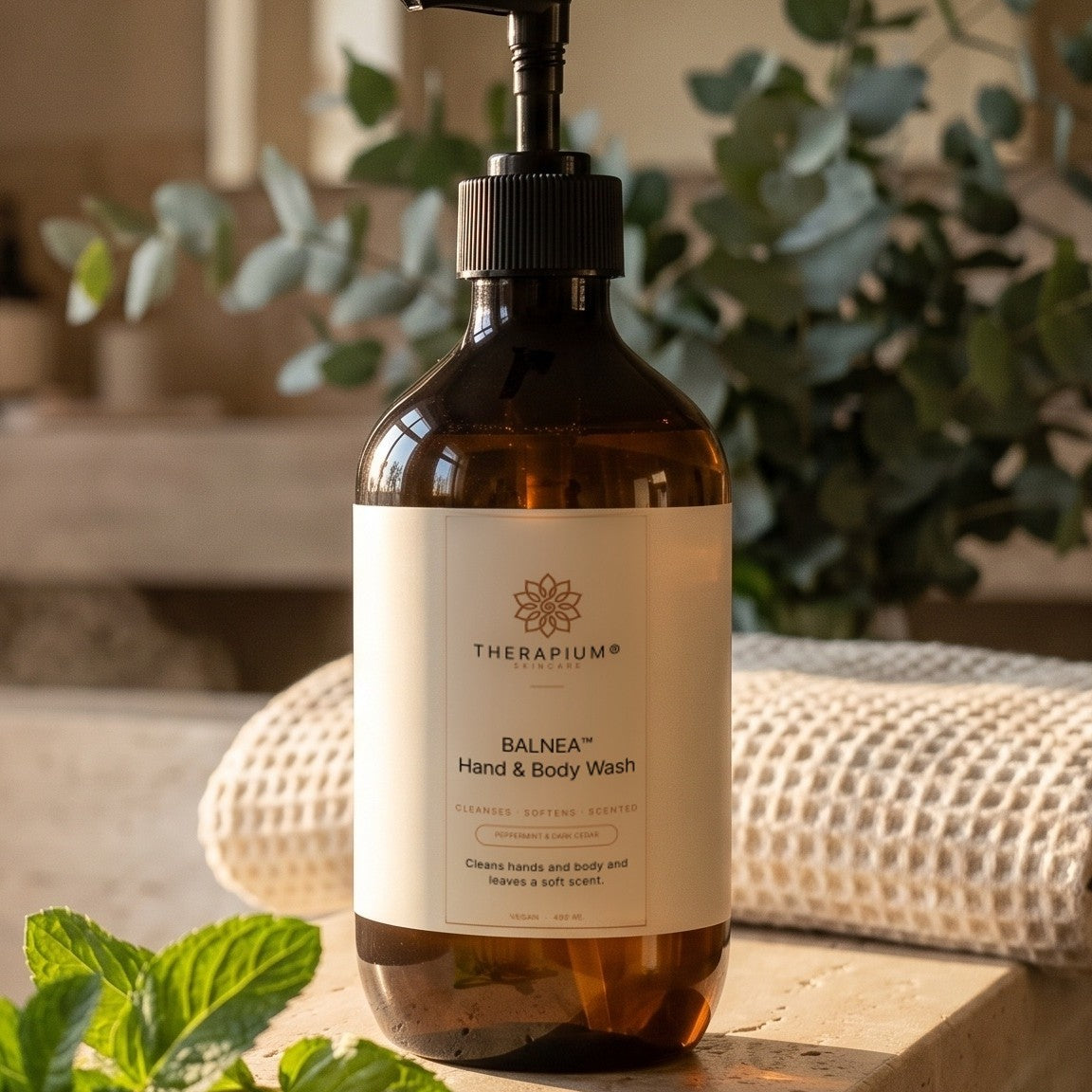 Therapium BALNEA™ Hand & Body Wash — Peppermint & Dark Cedar, styled scene