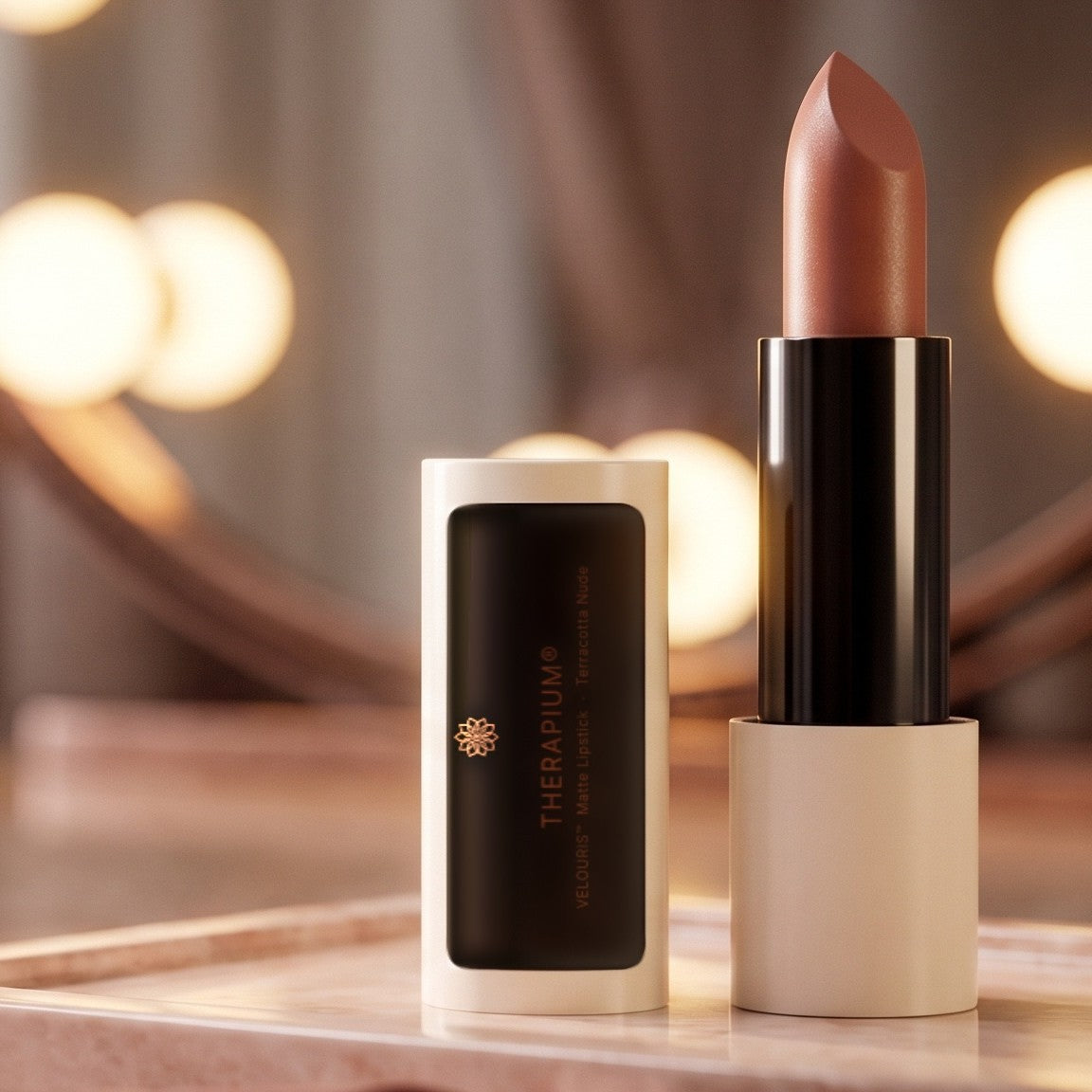 Therapium VELOURIS™ Matte Lipstick — Terracotta Nude, styled scene