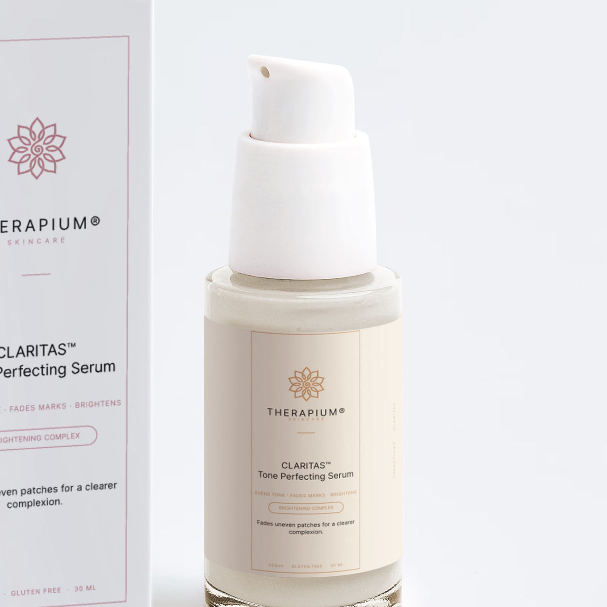 Therapium CLARITAS™ Tone Perfecting Serum, close-up of the pack