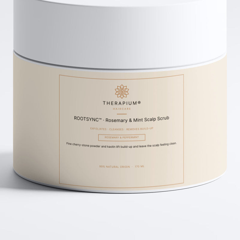 The label of the ROOTSYNC™ Rosemary & Mint Scalp Scrub jar