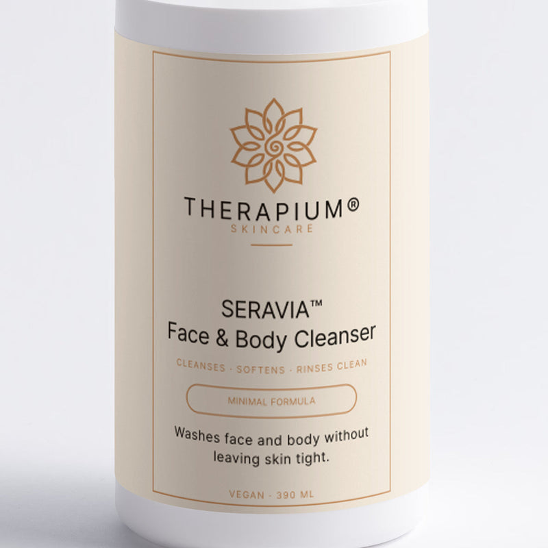 The front label of the SERAVIA™ face and body cleanser bottle