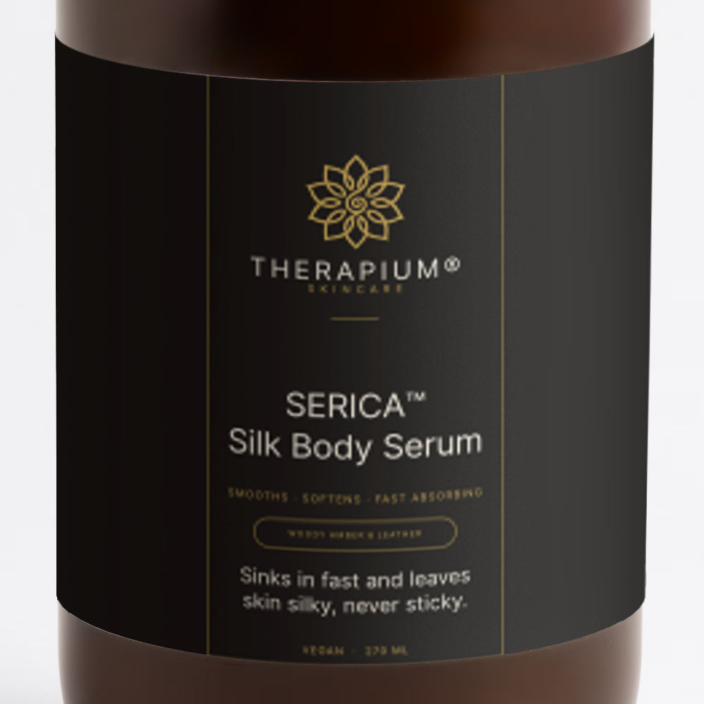 Therapium SERICA™ Silk Body Serum — Woody Amber & Leather, front label