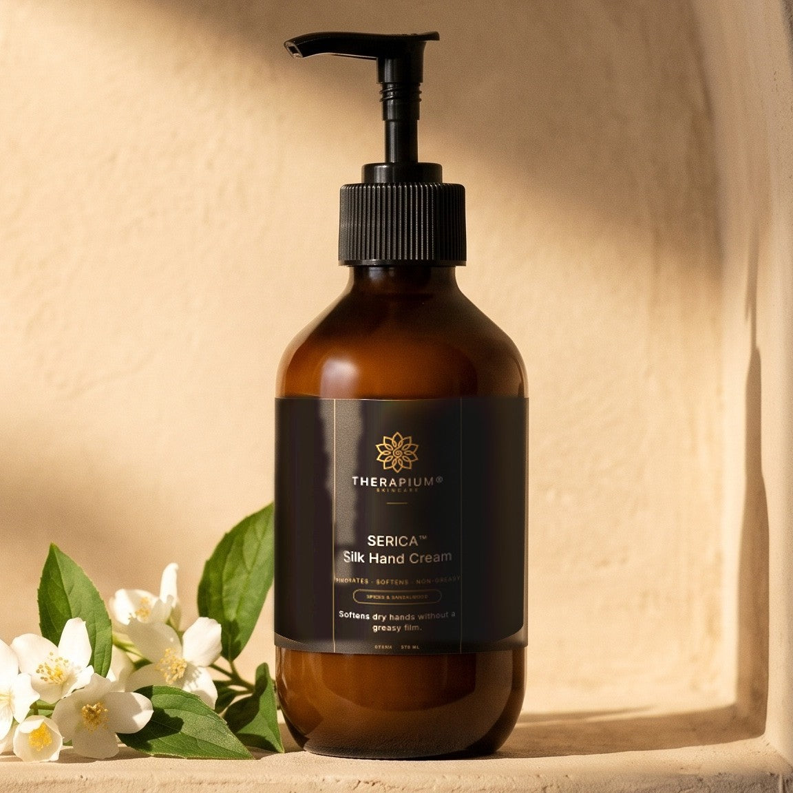 Therapium SERICA™ Silk Hand Cream — Spices & Sandalwood, styled scene