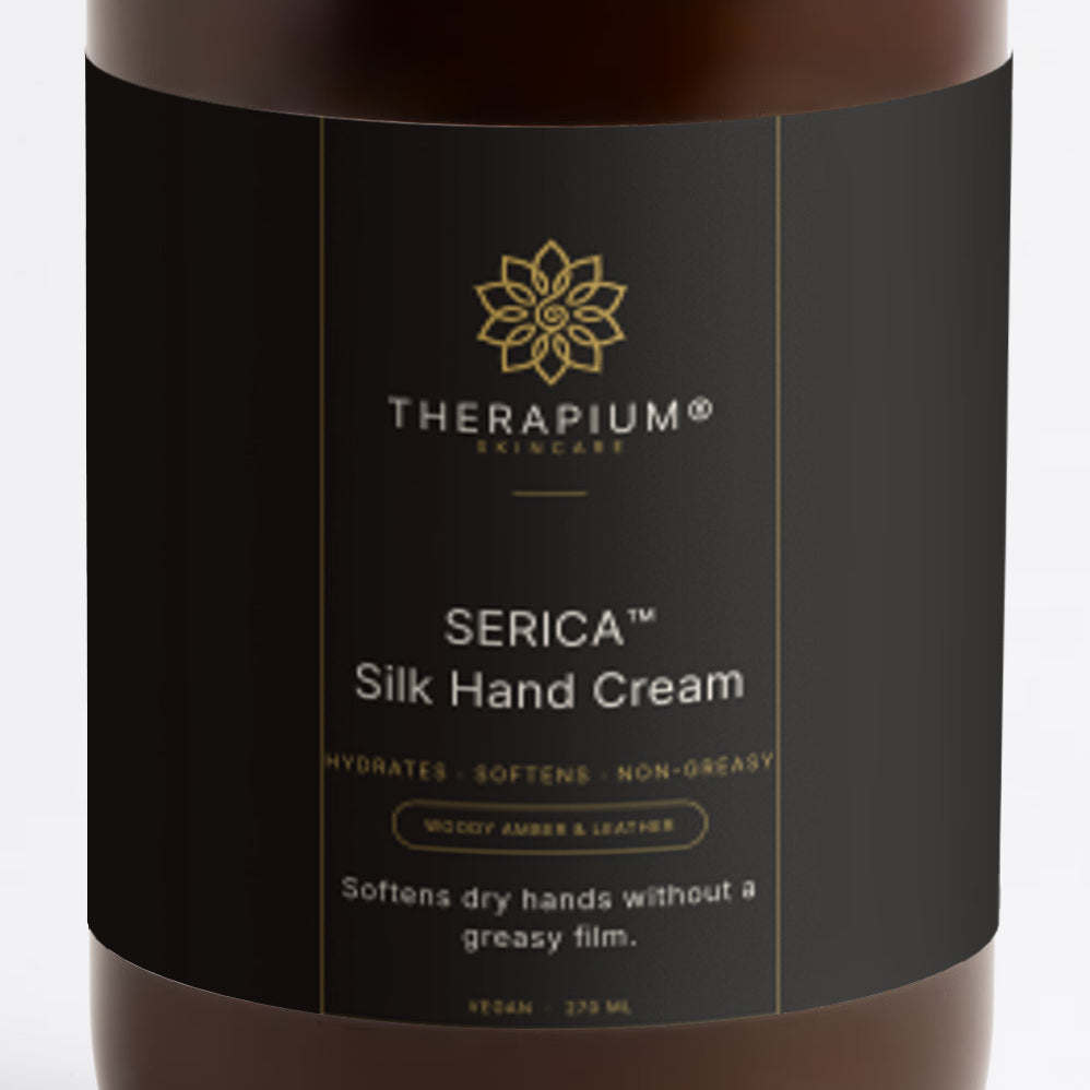 Therapium SERICA™ Silk Hand Cream — Woody Amber & Leather, front label