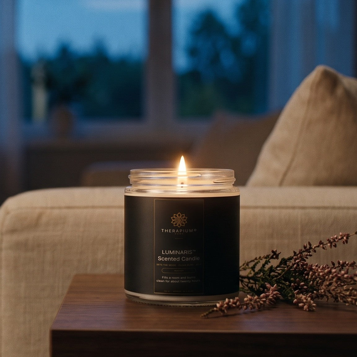 Therapium LUMINARIS™ Scented Candle — Heather, styled scene