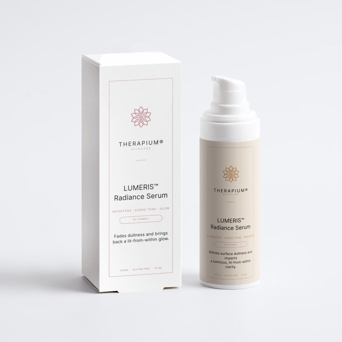 Therapium LUMERIS™ Radiance Serum, 30 ml pump bottle with its carton