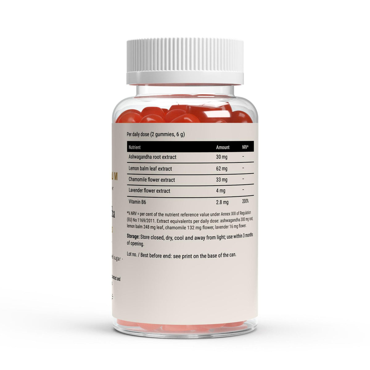 The nutrient table on the Therapium Ashwagandha Gummies label, per daily dose of two gummies