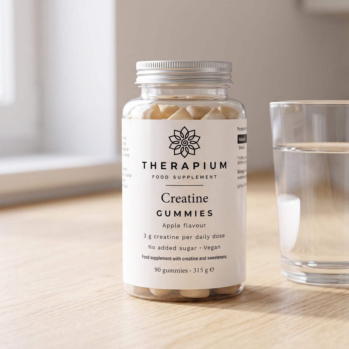 Therapium Creatine Gummies Apple jar on a kitchen counter with a glass of water
