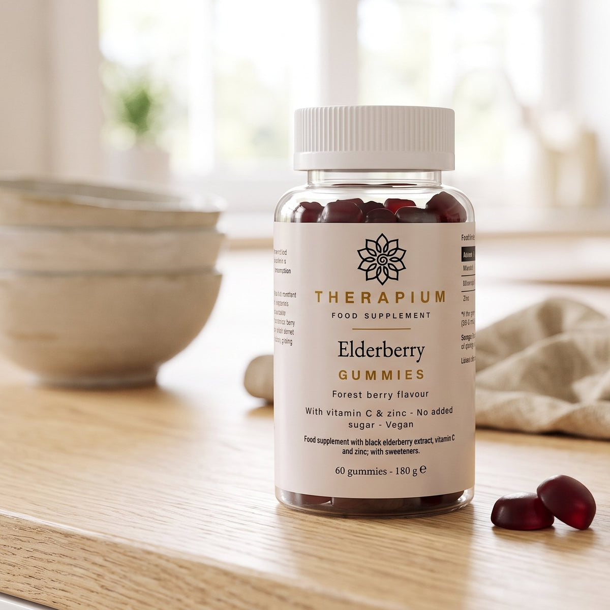 Therapium Elderberry Gummies, the jar on a kitchen counter, two gummies a day