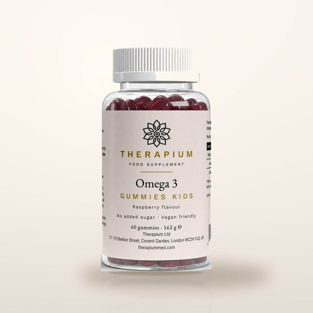 Therapium Omega 3 Gummies Kids — 60 vegan gummies, jar on a warm ivory background