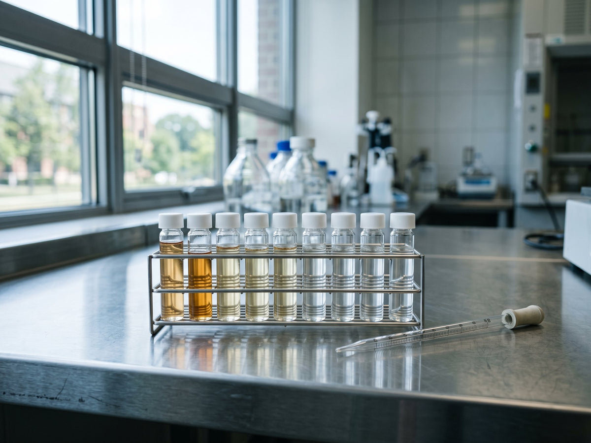 Clear glass sample vials in a metal rack on a laboratory bench