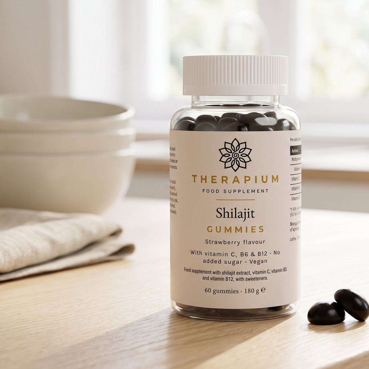 Therapium Shilajit Gummies, the jar on a kitchen counter, two gummies a day