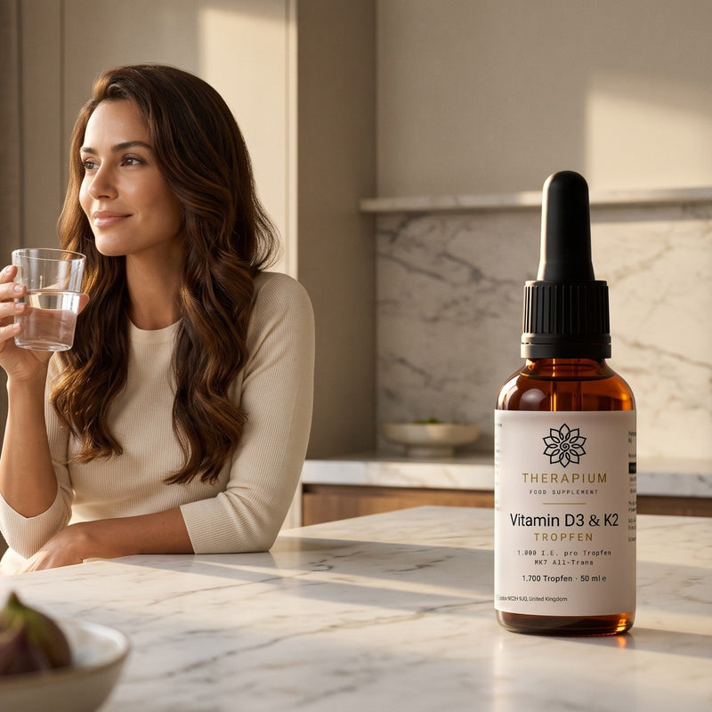 A woman with a glass of water at a marble kitchen counter beside a bottle of SOLIVA vitamin D3 and K2 drops